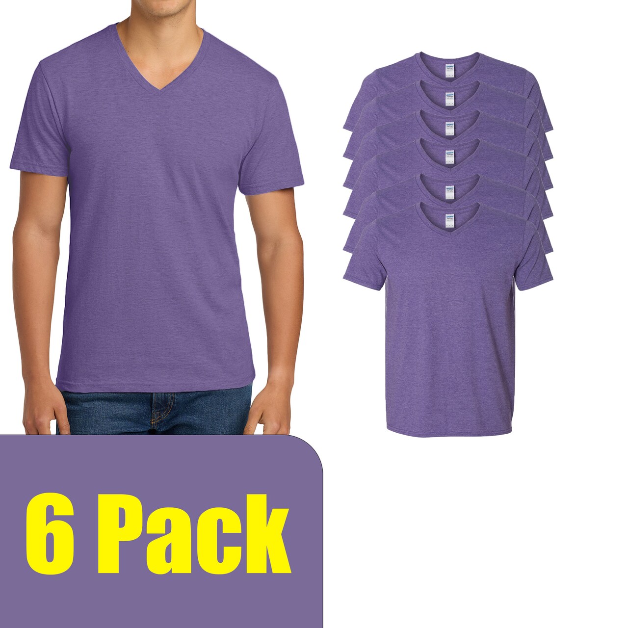 Gildan Men's Softstyle Short Sleeve V-Neck T-Shirt for DIY Projects & Printing, Heather Purple, S-5XL
